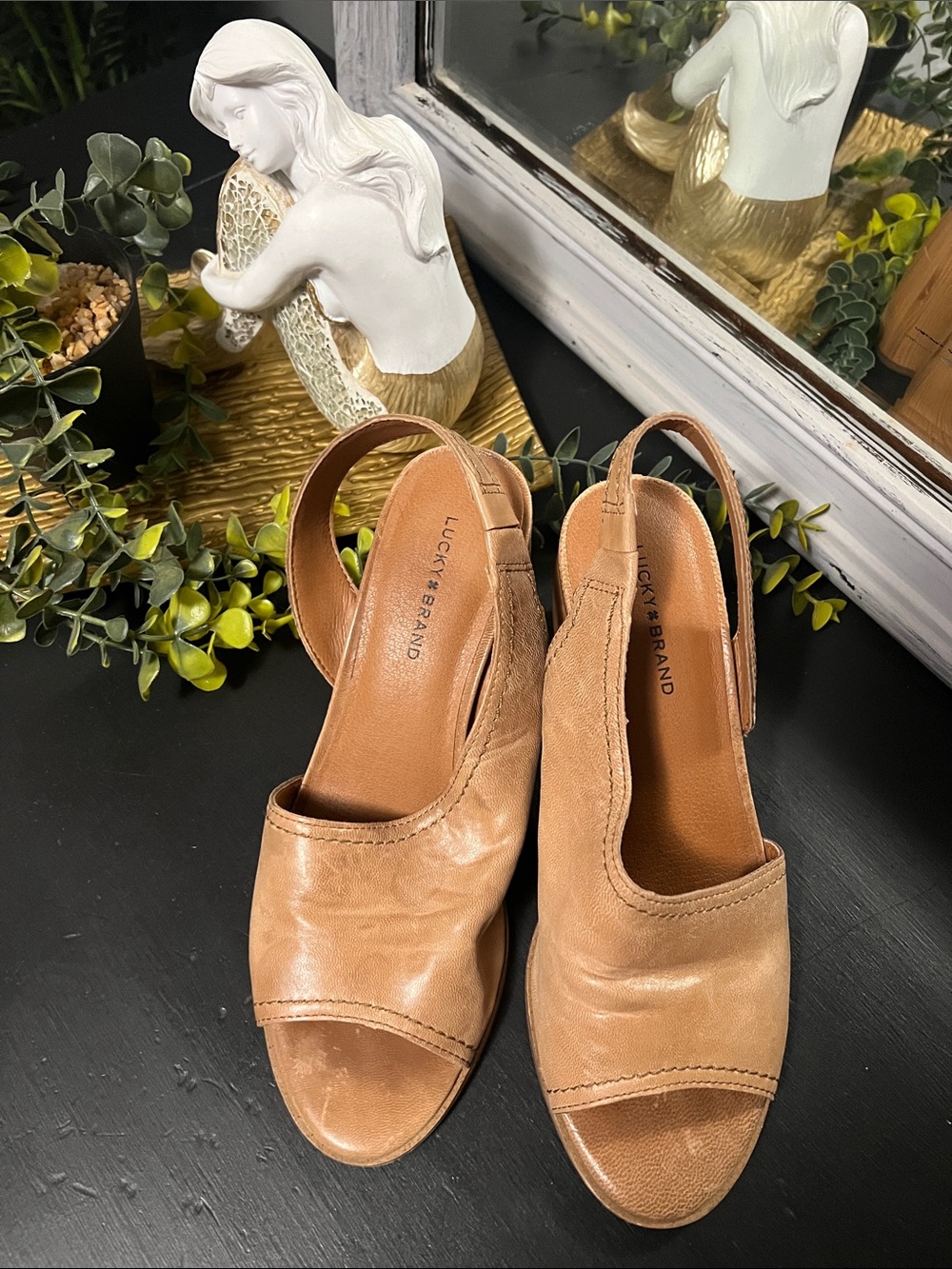 Lucky Brand Tan Leather Slingback Block Heel- Open Toe